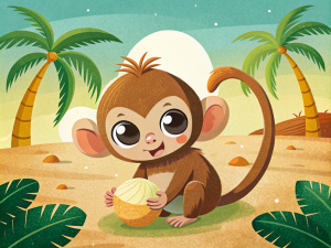 cute baby monkey play on the ground, coconut tree background