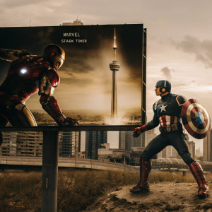 Promotional billboard featuring Robert Downey Jr. as Iron Man and Chris Evans as Captain America in a fierce confrontation. Stark Tower backdrop, Marvel logo prominent