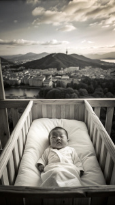 bebe japones recién nacido en cama. plano completo, el bebe se ve a lo lejos, año 1700. foto a blanco y negro antigua. el bebe se ve a lo lejos.
