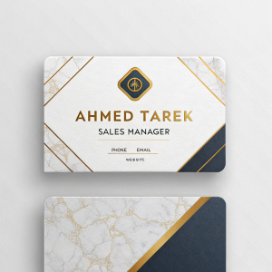 Modern business card design for Ahmed Tarek, Sales Manager. Elegant marble texture and gold accents. Central logo with prominent emblem. Professional layout with minimalist aesthetic. Contact details: Name, Title, Phone, Email, Website
