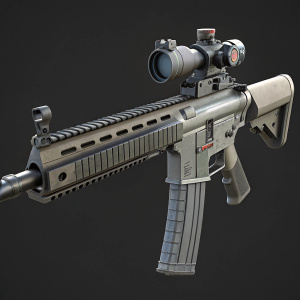 Digital 3D model of an HK416 assault rifle. The weapon features a gray finish, extended barrel, adjustable stock, ergonomic pistol grip, and advanced scope. Rendered in high detail for military simulation software.