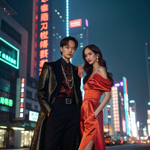 Kai and Yoona from EXO posing for a high-fashion magazine shoot. Neon-lit cityscape backdrop