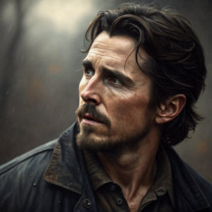 Oil painting of Christian Bale. Realistic, dark and moody palette. Close-up of face and upper torso. Contours and texture of painting