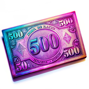 billete de 500 de monopoly de color rosita y moradito en un fondo blanco, recto 