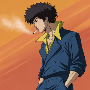 Illustration of Spike Spiegel from Cowboy Bebop, standing resolutely. Wears blue jacket, yellow collar, and holds a cigarette. Set against a vibrant orange backdrop, typical of anime style.