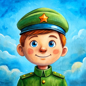 a little defender of the fatherland in military uniform smiles against the background of a clear blue sky