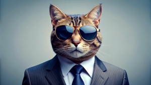 A cat wearing sunglasses and a suit with a tie. Generative AI image.