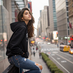 Young Latina woman, named Maria, in a street style shoot. She sports a casual, black hoodie and ripped jeans. The urban cityscape is bustling with life behind her.