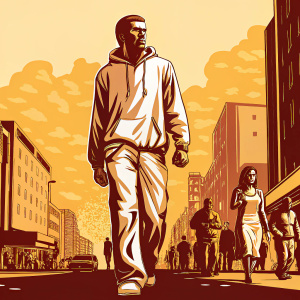 David Beckham in casual attire, walking through a bustling city street.