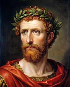 Imperator Decimus Junius Brutus. Emperador Aureliano (Romano). Viejo. Pelirrojo. Fuerte. Vestimentas negras finas. Corona Romana de Laurel. Retrato en pintura. Año 1515. 