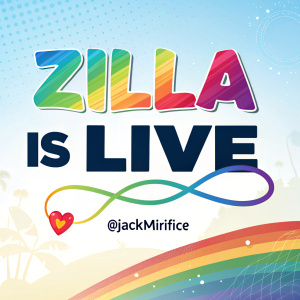 Bright, colorful digital graphic promoting 'Zilla' being online. Text 'Zilla is Live' in bold letters, with the username '@JackMirifice' in vibrant blue, against a smooth, gradient background for social media
