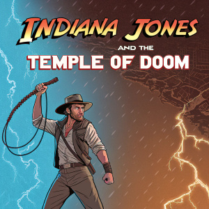 Digital art for 'Indiana Jones and the Temple of Doom' NES game cover. Indiana Jones, the daring explorer, center stage. Fiery, dynamic background with blue hues. Pixelated map on right side. Game title at top.