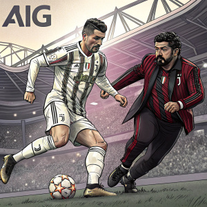 Cristiano Ronaldo and Gennaro Gattuso in the midst of a soccer match. Intense look, ball at feet, surrounded by AIG logo.