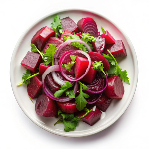 Beets served with onions beet salad isolated top view on white background


