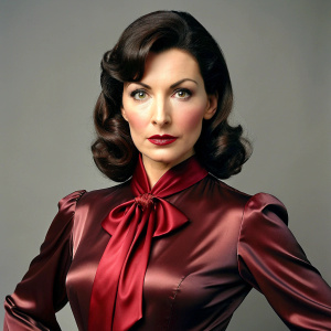 40 yo brunette headmistress in satin bow blouse. Very slim waist and massive pushed up bosom. Glossy dark red lipstick. 