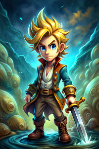 cartoon character of Guybrush Treepewood of the videogame The Monkey Island, with perfect sword,  full body, comic ,style pop art, style, graffiti style,  style watercolor, black background, ready for print t-shirt, style art fabric