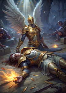 ángel guerrero acostado derrotado en batalla con armadura dorada en el purgatorio de las almas en pena