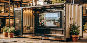 futuristic vending machine with huge tv screen, outdoor, huge container