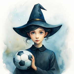 lovely Victorian style preteen witch pointy hat lovingly cradles soccer ball to her chest with both arms, whistle necklace Norman Rockwell painting 