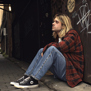Kurt Cobain, frontman of Nirvana, in a relaxed pose. Dark alleyway background with graffiti.