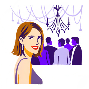 Cobie Smulders, with a captivating smile and shoulder-length brown hair, wearing a grey top and bright red lipstick, at an exclusive gala event with intricate chandelier lighting in the background.