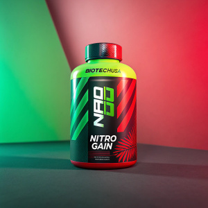 Creative packaging design for BiotechUSA's Nitro Gain supplement. Vibrant neon green and red hues. Modern, sleek bottle design