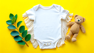 White cotton baby short sleeve bodysuit, toy teddy bear and eucalyptus branch on white ivory blanket throw background. Blank infant onesie mockup template. Top view