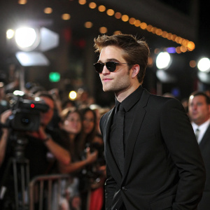 Robert Pattinson at a premier. Wearing a black suit, dark glasses. Crowd and flashing lights in the background.
