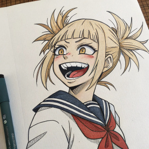 Sketch of Himiko Toga from 'My Hero Academia'. Character's facial features defined by bold lines. Expressive wide smile with sharp teeth. Artwork in informal style.
