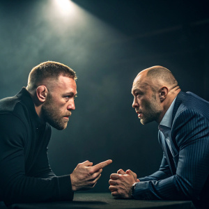 Conor McGregor and Joe Rogan in heated discussion. Dark studio setting with dramatic lighting.