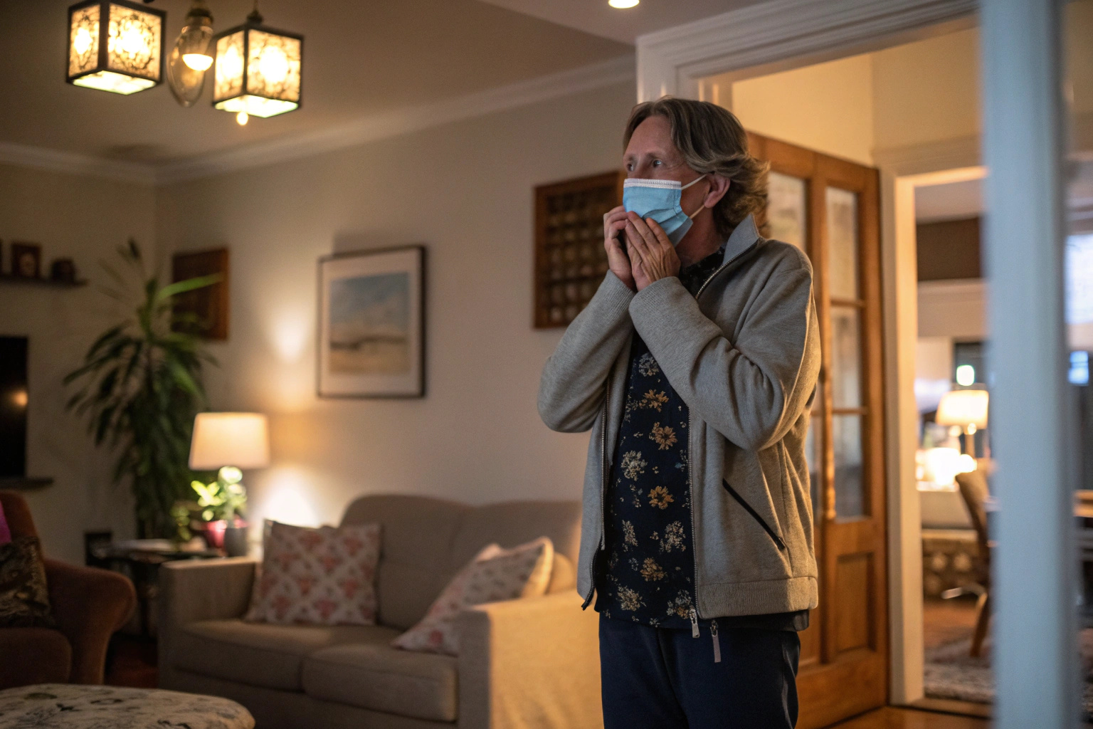 The person covered their mouth and nose inside the house