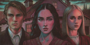 megan fox in her 30 years with black hair hair pulled at the back of her hea. Saoirse Ronan in her 20 years with short blonde hairs and blue eyes stands close to her. also close to them is standing anakin skywalker in her 20 years with blonde short hair and blue eyes. on the background is classic english house in village