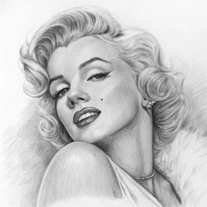 Pencil drawing of Marilyn Monroe. Relaxed pose, sketch-like style