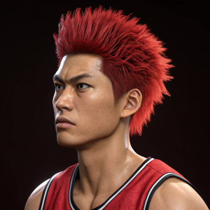3D render of Hanamichi Sakuragi, intense gaze, red spiked hair, dark background. Wearing red basketball jersey. Digital art