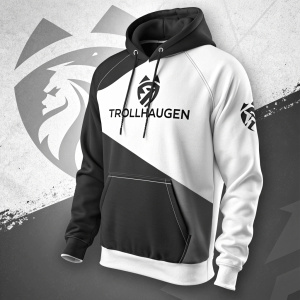 Digital promotional mockup of Trollhaugen hoodie design. Flat design style. Logo and text in bold graphics. Black and white color scheme.