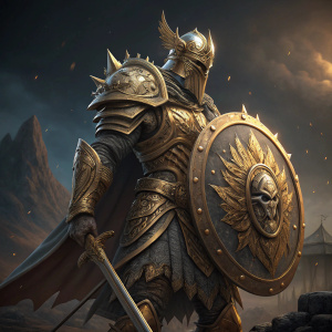 Digital 3D model of a warrior from Raid: Shadow Legends. Clad in intricate golden armor, holding a massive shield with a face-like emblem. Dark and ominous background, standing with a majestic and formidable posture.