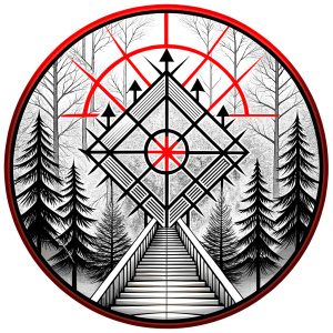 vegvisir runes geometric symbol - stairs and trees - tattoo design - perfect realistic art - high-definition - grey and black - white background 