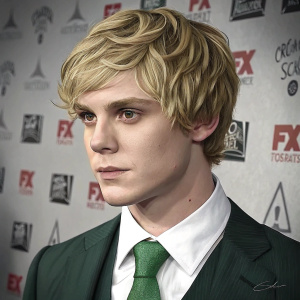Evan Peters, blonde hair, green tie, and intense gaze. Formal attire, close-up portrait. Branding logos wallpaper background.