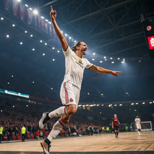 Zlatan Ibrahimovic celebrating a goal at the indoor basketball arena.