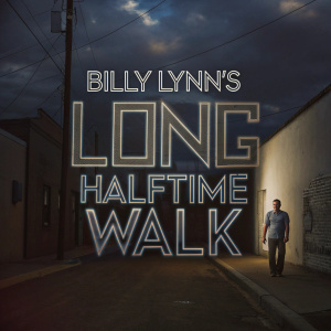 Promotional image for 'Billy Lynn's Long Halftime Walk'. Dark urban backdrop, stylized text and abstract elements in contrasting colors.