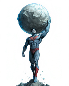 Superman (Christopher Reeve) standing lifting a large rock above his head, comic art by Jim Lee.