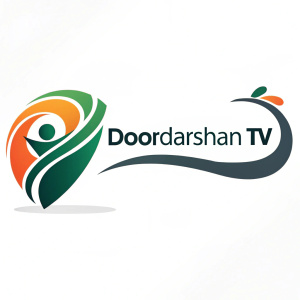 Modern logo design for Doordarshan TV. Vibrant color scheme featuring green, orange, and dark tones. Minimalistic and contemporary symbol with clear, sleek text beside it.