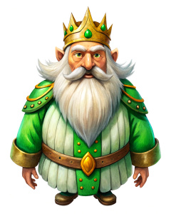 king dwarf, white background, green accessories, jocking