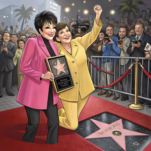 Liza Minnelli and Lee Minnelli celebrating at the bustling Hollywood Walk of Fame ceremony. Crowd of fans and media in the background. Liza, with a stylish pink blazer and proud smile, and Lee, in a vibrant yellow blazer, pose for pictures next to their new star
