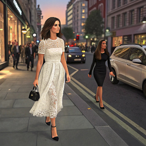 Lucy Mecklenburgh, dressed in a white lace dress and black heels, walking down a bustling city street at dusk. Another woman in a black top and long brown hair stands in the background.