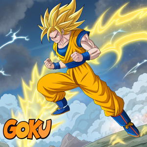 Anime character Goku, Super Saiyan 2 transformation, dynamic action pose, vibrant yellow, blue, orange colors, dramatic background, 'GOKU' text at bottom