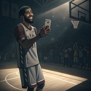 Kyrie Irving taking a casual selfie on a dimly lit basketball court. Audience visible in background
