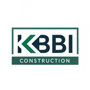 The KBI Construction logo features modern, sleek lettering in a clean font style. The special 'K' letter stands out in a subtle green hue, creating a professional yet eye-catching design. Set against a crisp white background.