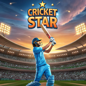 Promotional poster for the Cricket Star online slot game by Microgaming. Depicts a cricket stadium filled with spectators, featuring a digital illustration of a cricket player in blue attire, a cricket ball, and the Cricket Star logo. Vibrant colors.
