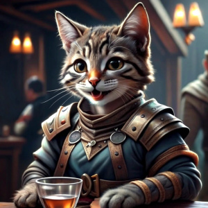young cheeky wit, gray tabby cat tabaxi, smiling slyly, rogue DnD character holding card, playing cards in a tavern